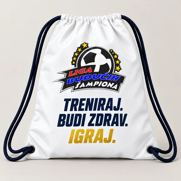 Predlog dizajna: Sportska vrećica — Bela — TRENIRAJ. BUDI ZDRAV. IGRAJ.